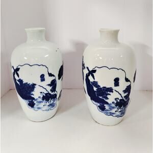 Vintage Blue & White Chinese Style Vases Pair Calligraphy Marked Pottery